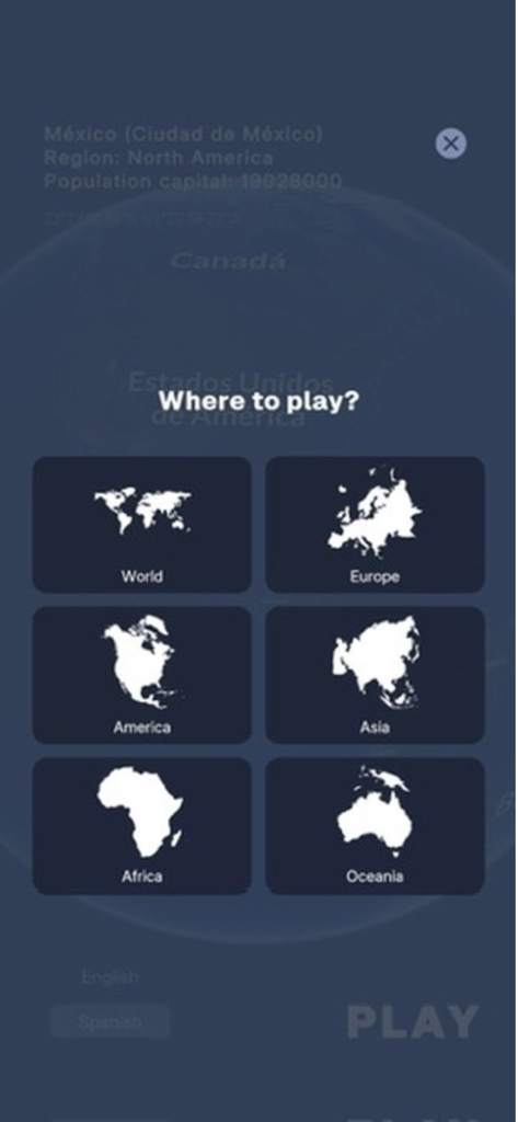 Tapmap - Tapmap app screen showing a menu to select a region for a geography quiz including World Europe America Asia Africa and Oceania