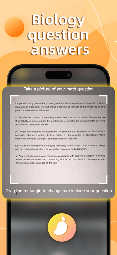 Mango.AI - Mango.AIアプリのインターフェース。スマートフォンのカメラが生物学の問題をスキャンして、解答を提供する様子。