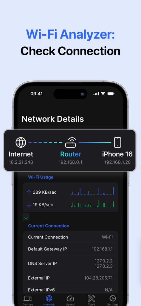 Network Scanner: WiFi Analyzer - Interface of the Network Scanner app showing detailed Wi-Fi connection status, IP addresses, and data usage on an iPhone.