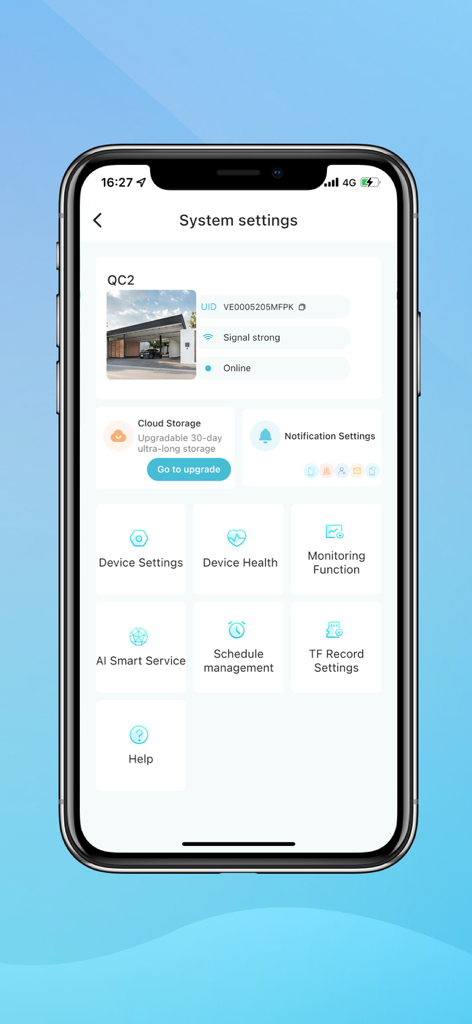 O-KAM Pro app dashboard showing camera system settings for cloud storage and device management.