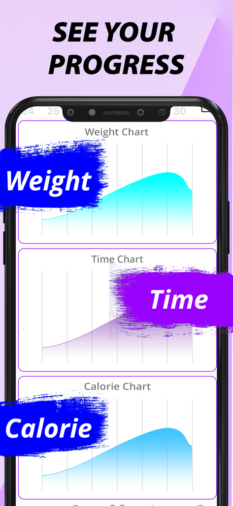 Home Workout-Fitness for Women - Women fitness app progress screen showing weight time and calorie charts