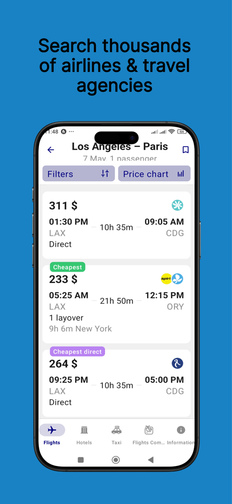 Flights & Cheap Tickets - Mobile app screen showing flight search results from Los Angeles to Paris with various price options and a cheapest label