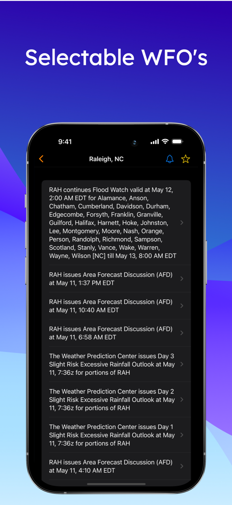 AlerWX - Aplicación AlerWX que muestra una lista de alertas meteorológicas y discusiones de pronóstico para Raleigh, Carolina del Norte