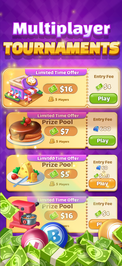 Multiplayer bingo tournaments in the Bingo For Cash app showing cash prize pools and entry fees