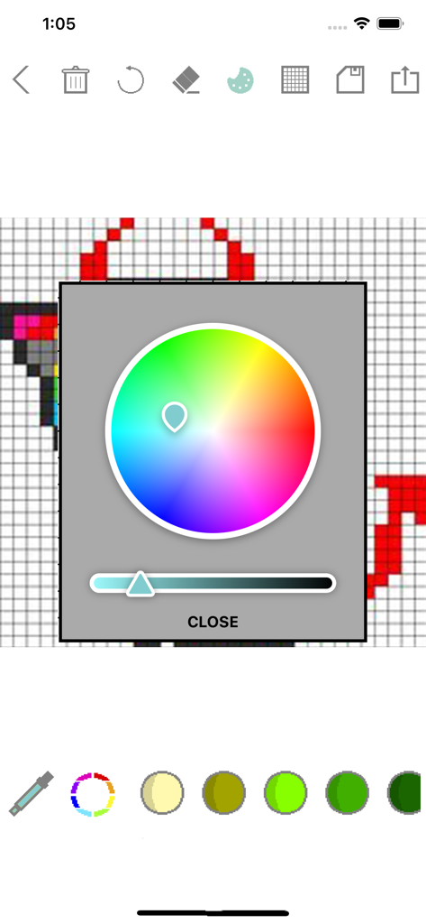 Pixel Art - draw with dots - Ein kreisförmiges Farbrad und ein Schieberegler zur Auswahl individueller Farben in der Pixel-Art-App