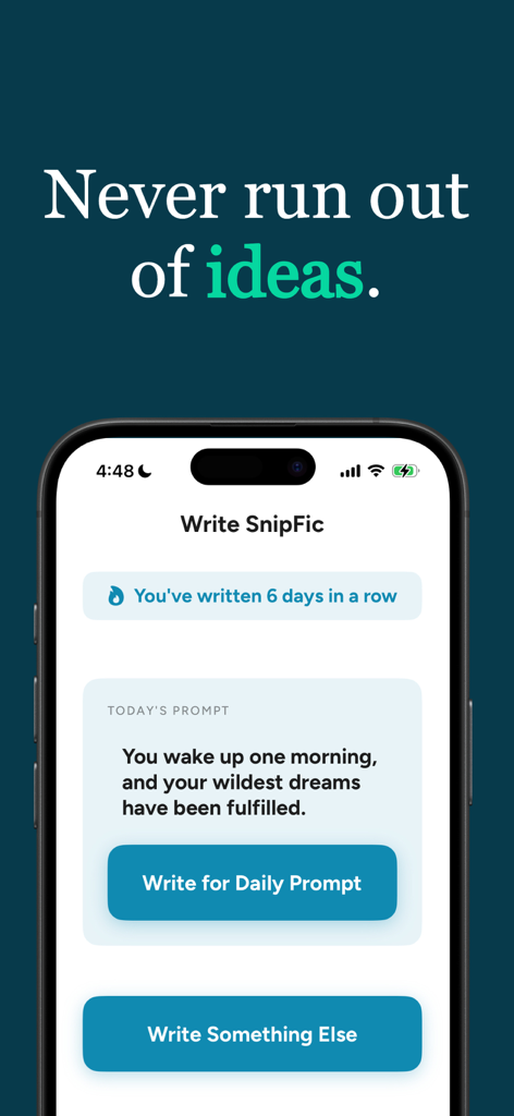 SnipFic - Interfaz de la aplicación SnipFic con una indicación de escritura diaria y un contador de racha de escritura de seis días