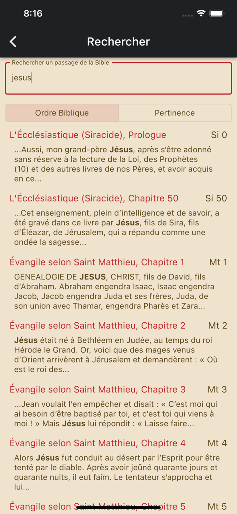 Pantalla de búsqueda de la aplicación Biblia Católica AELF con resultados para la palabra Jesús