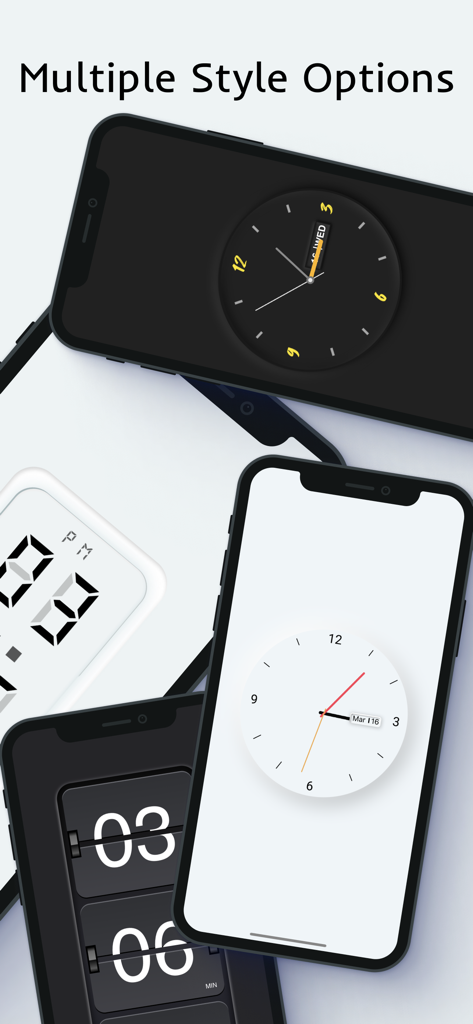 X Clock - Live in the present - A showcase of different aesthetic clock themes including minimalist analog and retro flip clock designs on multiple iPhones.