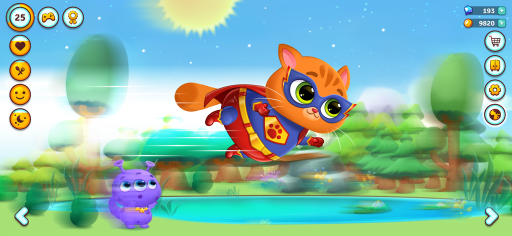 Bubbu the cat dressed as a superhero flying through a colorful landscape