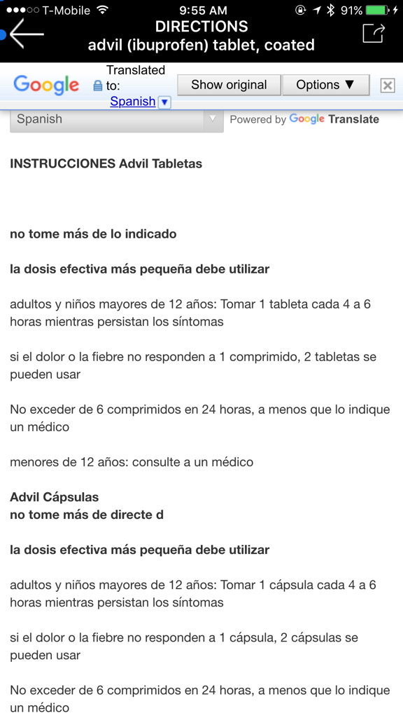 Écran montrant les instructions pour l'Advil traduites en espagnol dans l'application à l'aide de Google Traduction