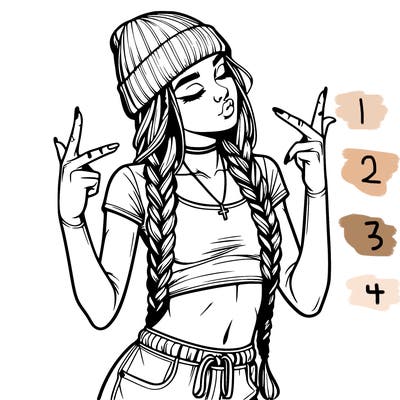 realistic teenage girl with braids and a beanie and crop top doing 🫶🏼