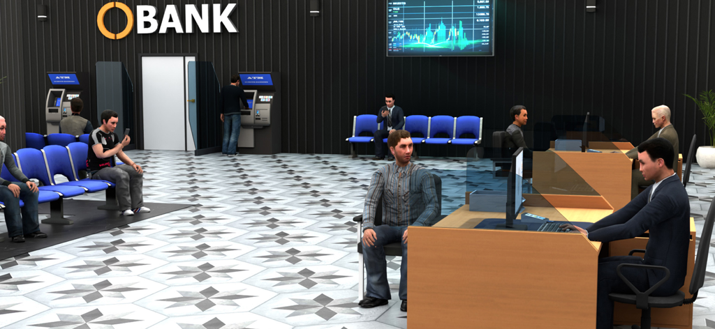 Bank Simulator Money Business - A 3D interior view of a bank lobby with customers at ATMs and tellers at desks in a tycoon simulator game