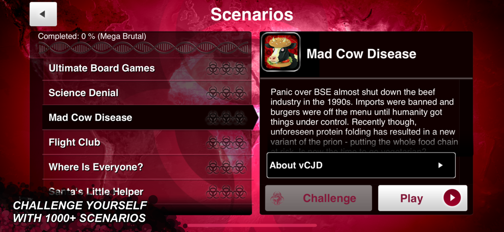 Pantalla de selección de escenarios de Plague Inc. destacando el desafío de la enfermedad de las vacas locas.