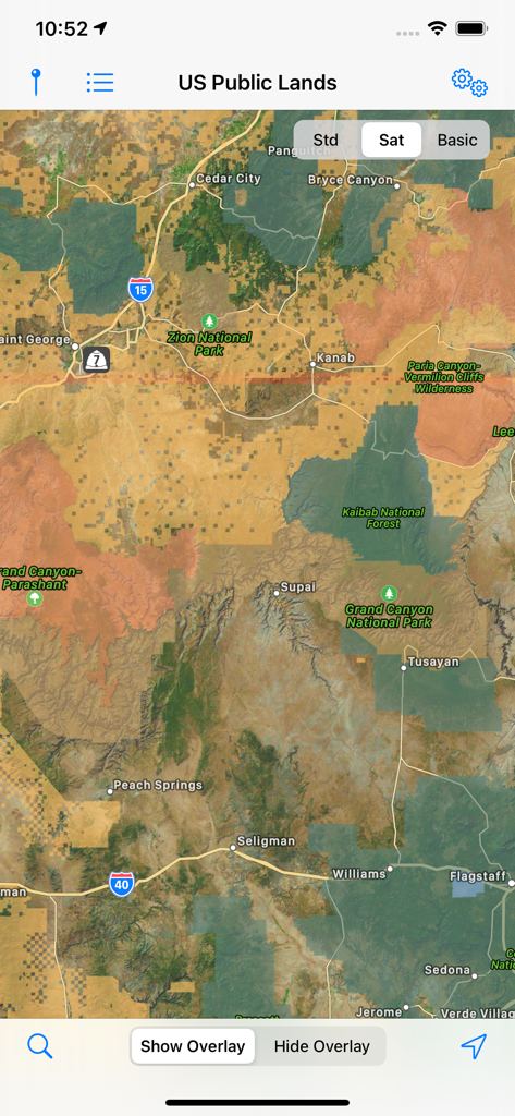 Satellite map view with color coded public land overlays showing boundaries for BLM and National Parks