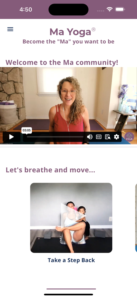 Ma Yoga Anytime Prenatal Yoga - A interface do aplicativo Ma Yoga apresenta vídeos instrutivos para sessões de yoga pré-natal e pós-parto