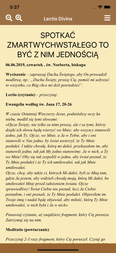 Lectio Divina - On Jest - Una captura de pantalla de la aplicación Lectio Divina - On Jest mostrando reflexiones religiosas diarias y versículos bíblicos en polaco