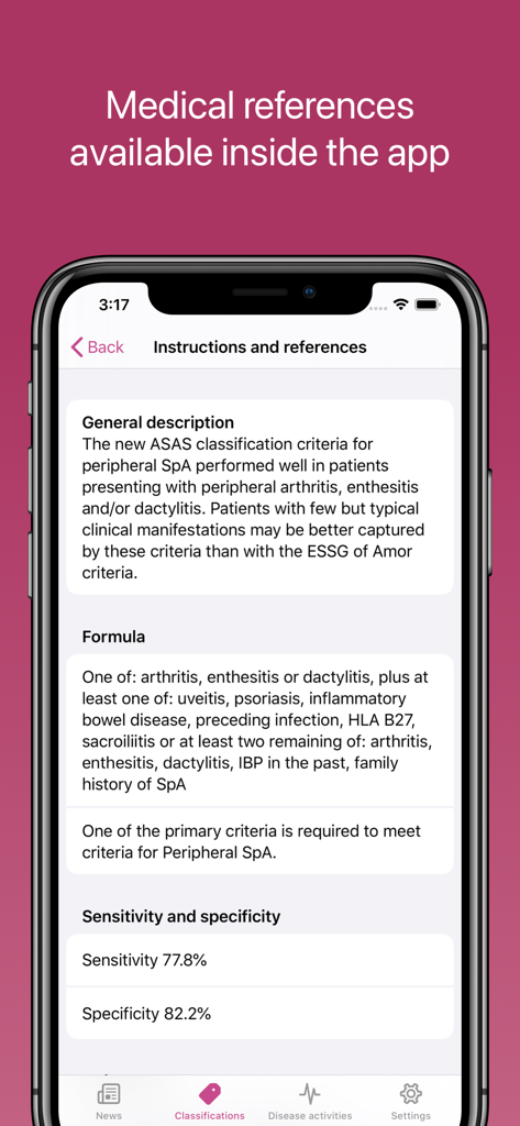 Mobile screen of RheumaHelper app displaying medical instructions and classification criteria for peripheral arthritis including formula and sensitivity data