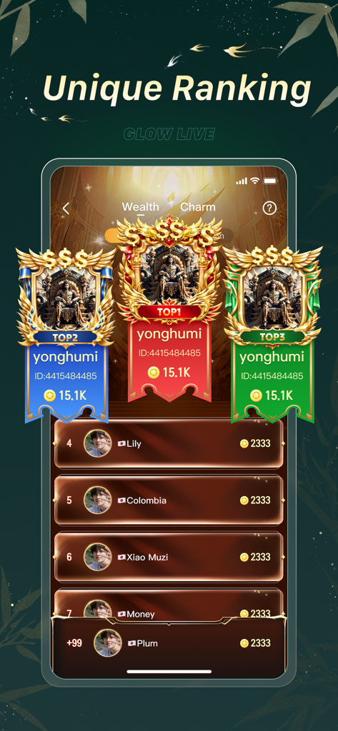 Glow Live-Voice Chat - Glow Live app screen displaying unique ranking leaderboard with top wealth and charm contributors.