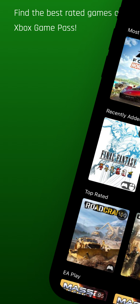 Game Pass Ratings - Xbox Game Passタイトルが批評家の評価やトップ評価、最近追加されたなどのカテゴリで並べ替えられたモバイルアプリのインターフェイス