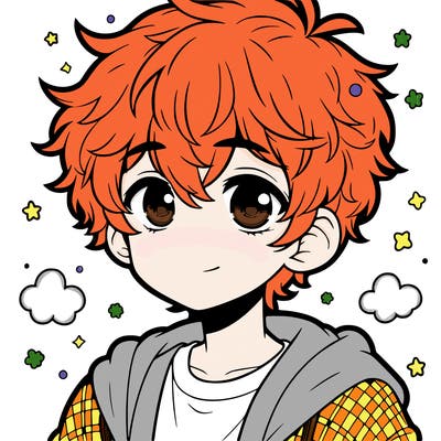 cute anime boy with fluffy hair and freckles