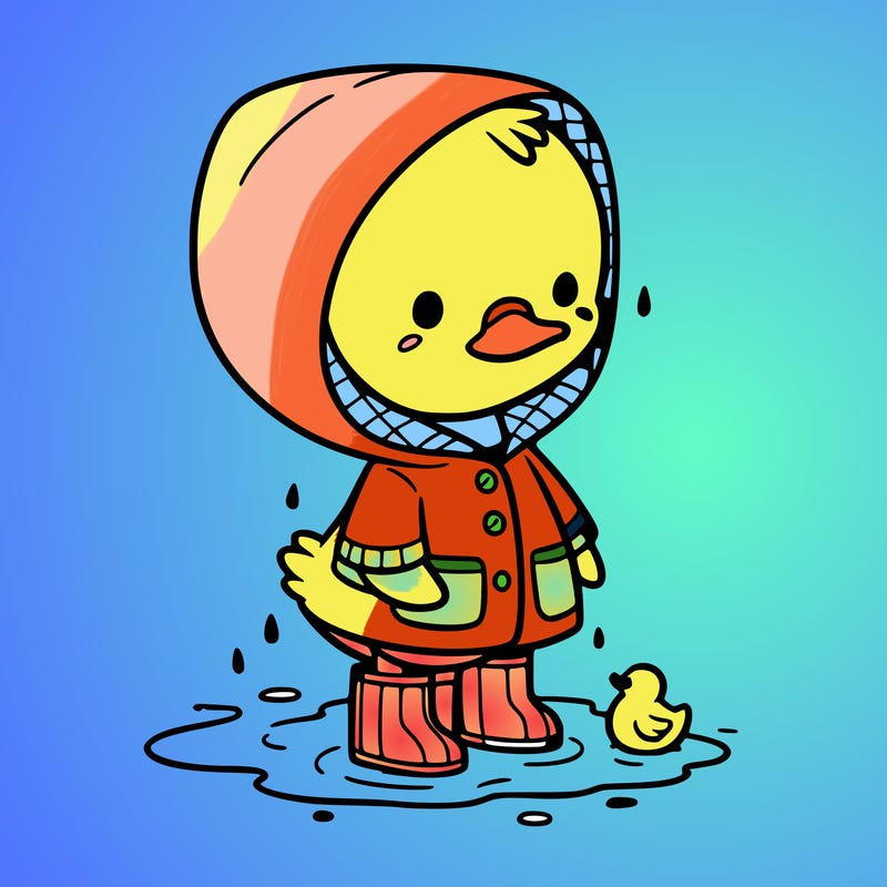 baby duck in a rain coat and boots, in a puddle while it’s raining
