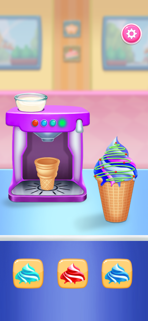 Ice Cream Cake & Baking Games - A colorful soft serve ice cream machine and a decorated cone in a baking simulation game for kids