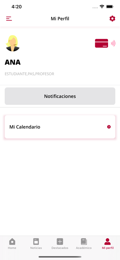 UCLM U. de Castilla-La Mancha - User profile interface of the UCLM app featuring digital university ID and calendar access