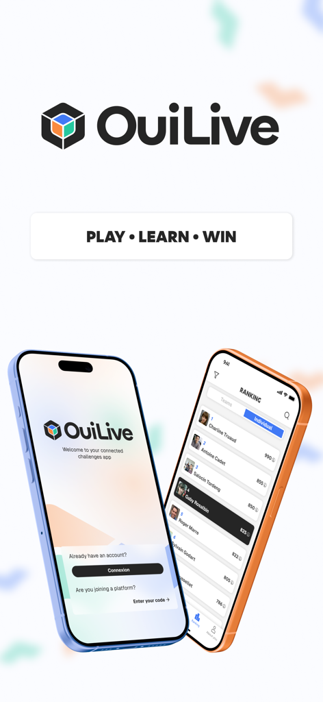 OuiLive - La aplicación móvil OuiLive muestra la pantalla de inicio de sesión y una tabla de clasificación de usuarios para desafíos.
