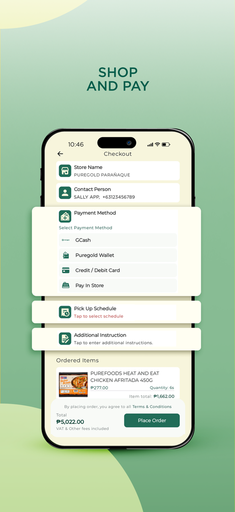 Puregold Mobile app checkout screen showing multiple payment methods and grocery order details