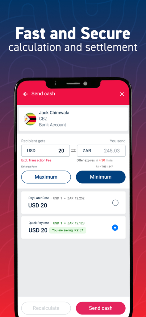 Hello Paisa - Hello Paisa mobile app screen showing currency conversion for sending money internationally from South African Rand to US Dollars