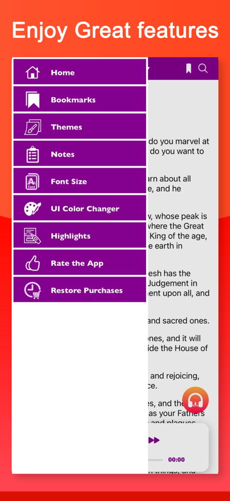 Navigation menu showing bookmarks notes and font settings in the Book of Enoch app