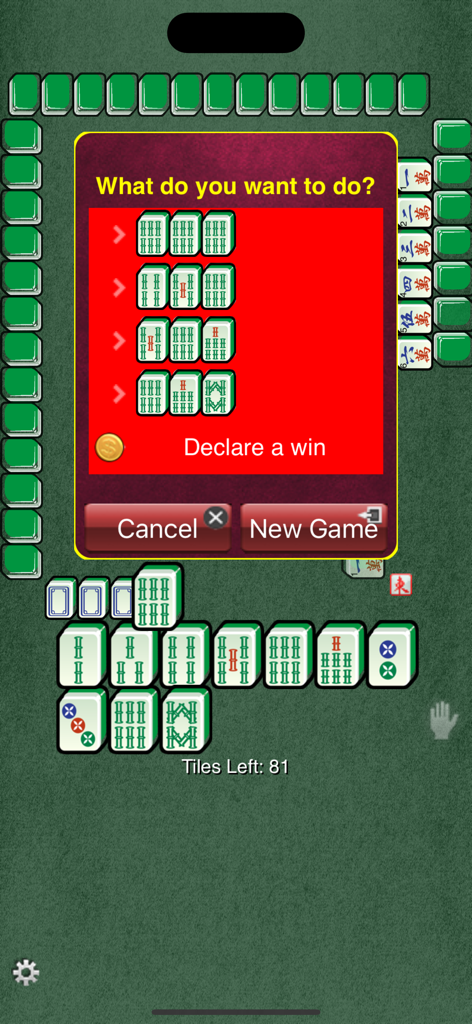 Interfaz de juego móvil de Mahjong tradicional con un aviso para declarar una victoria