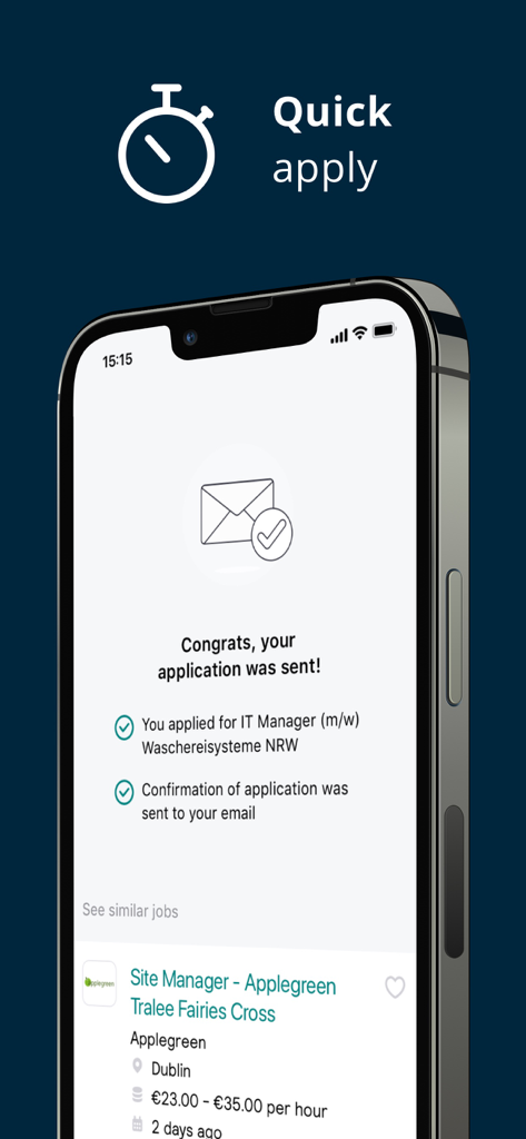 Confirmation screen in the Jobs.ie app showing a successful job application with a quick apply feature