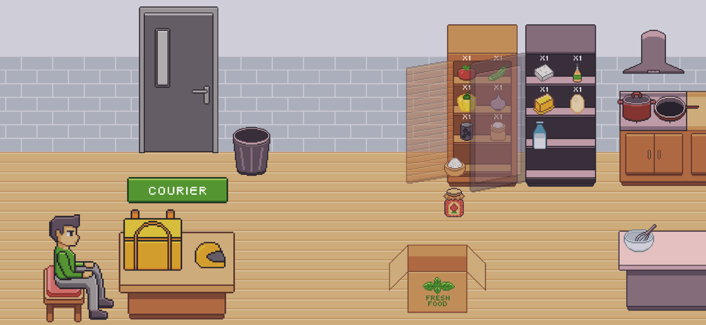 KitchenCraft: cooking business - Cocina de restaurante de arte pixelado con un repartidor esperando e ingredientes de comida en los estantes