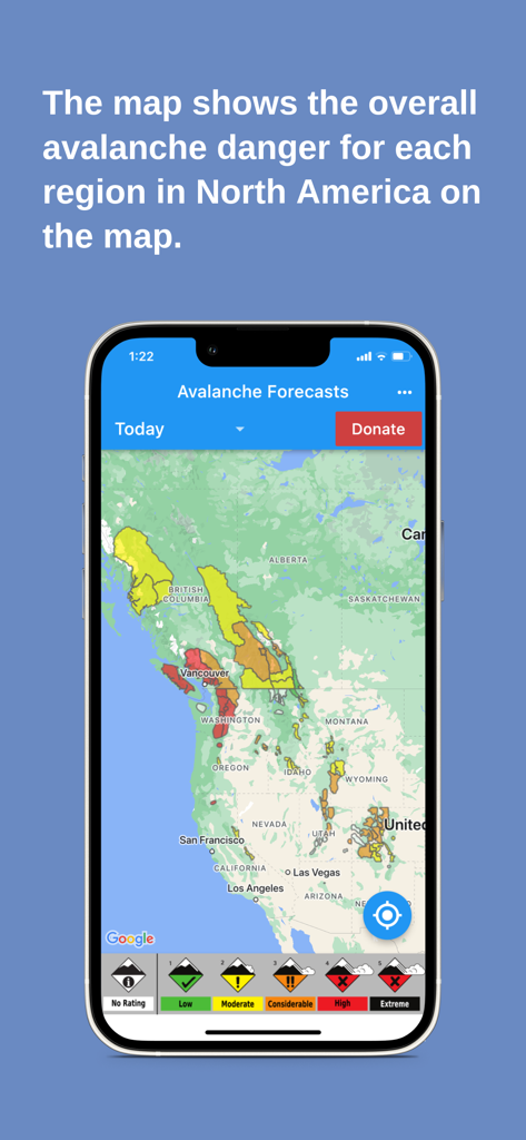 Avalanche Forecasts - Avalanche Forecasts app showing color coded danger levels across a North American map