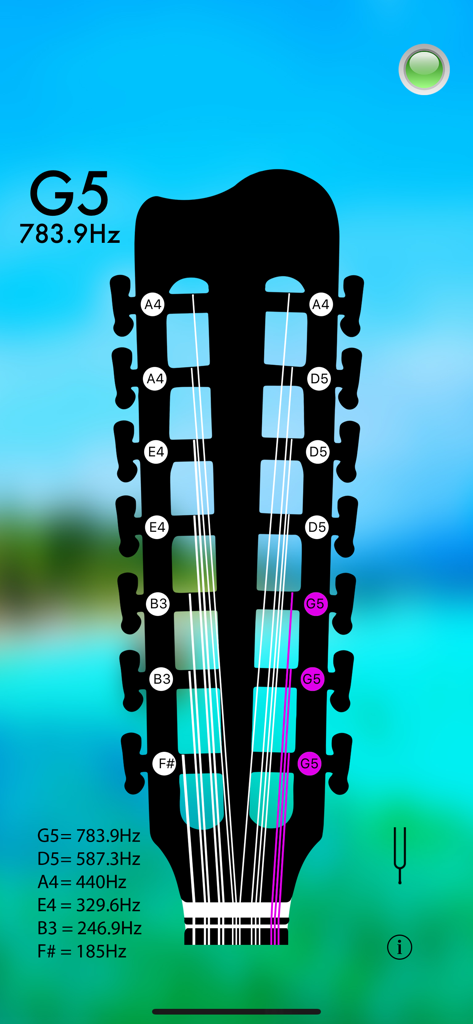 Digital tuner interface for a 14-string Filipino bandurria showing frequency and visual note indicators.