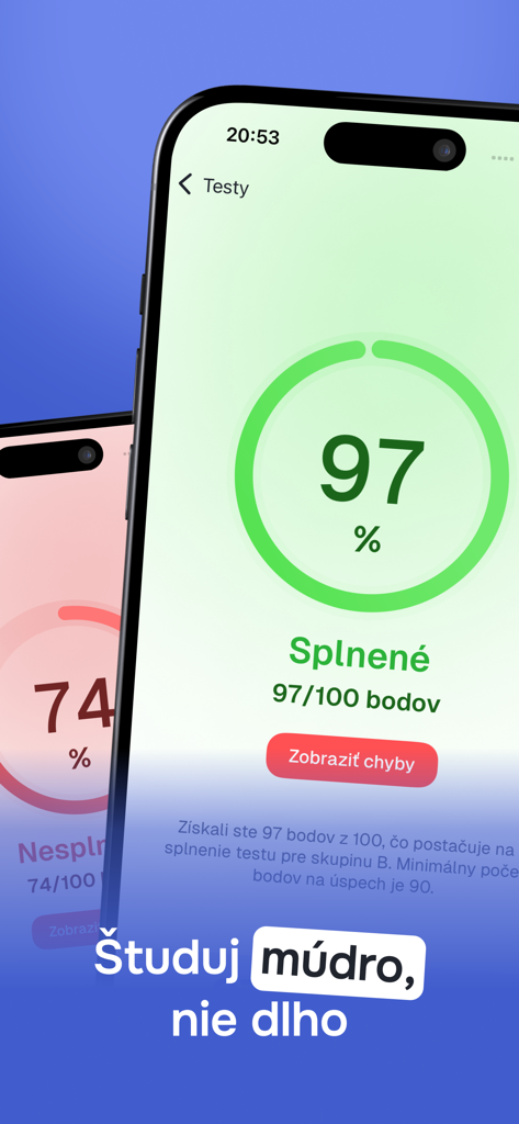 Autoškola - 2026 (SK) - Una pantalla de smartphone que muestra un resultado del 97% de aprobación en un examen de práctica de autoescuela eslovaca