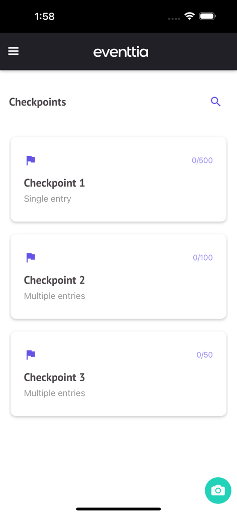 Eventtia On Site - Eventtia On Site app interface displaying a list of event checkpoints with entry counts and a scan button