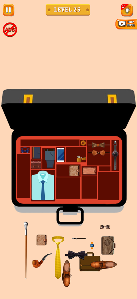 Organize It Perfect Tidy Life - Un nivel de puzzle en Organize It Perfect Tidy Life que muestra artículos como una camisa y un reloj siendo clasificados en un maletín