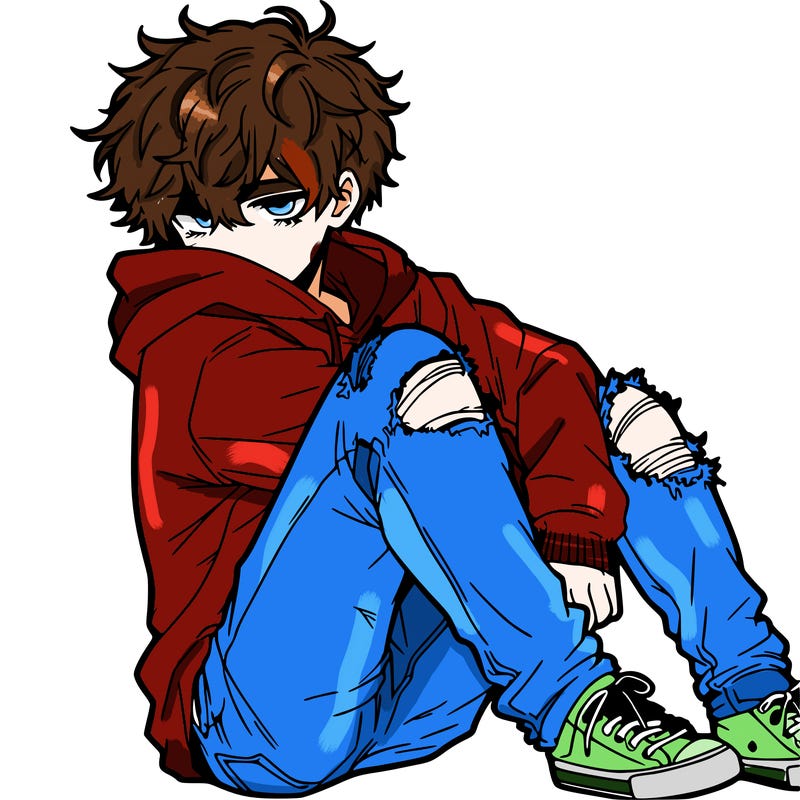 a male hoddie ripped jeans messy hair anime