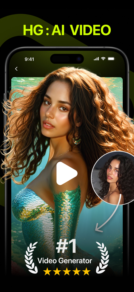 HG - AI Video Generator - Die Benutzeroberfläche der HG AI Video Generator App zeigt ein Foto, das in ein filmreifes KI-Meerjungfrauen-Video verwandelt wurde