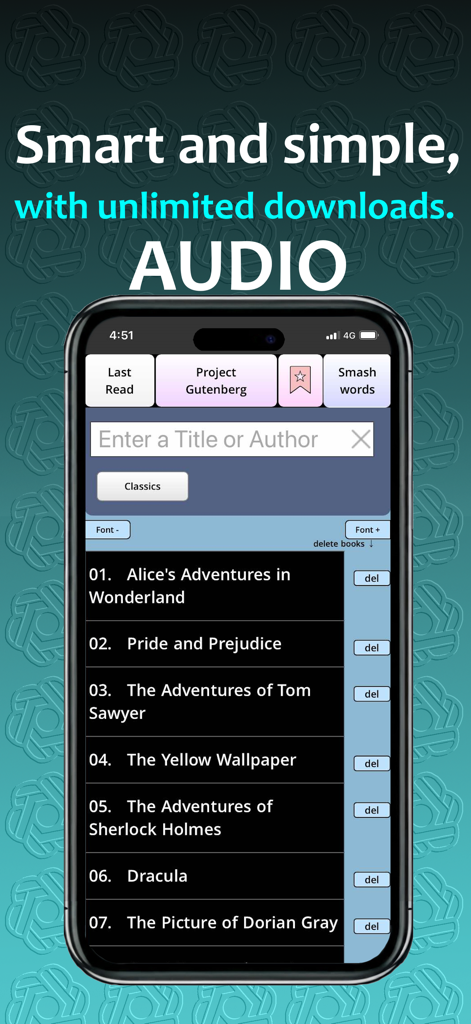 A mobile interface of the Gutenberg Reader PRO app showing a library of classic public domain books.