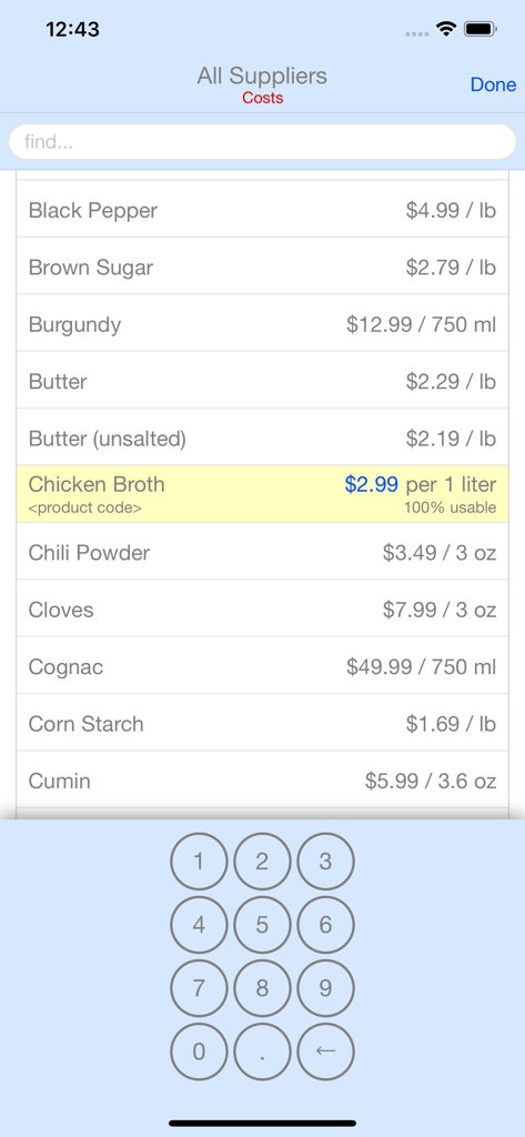 Salt & Pepper - Uma lista de ingredientes culinários com custos unitários e preços de fornecedores no aplicativo Salt and Pepper