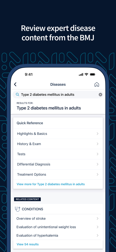 Epocrates app interface showing expert disease content from BMJ for clinical decision support