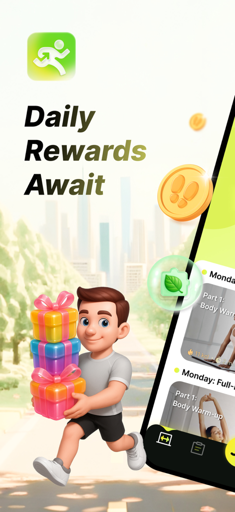 MarkRun - Personaje de dibujos animados corriendo con cajas de regalo que ilustran recompensas diarias en la aplicación de fitness MarkRun
