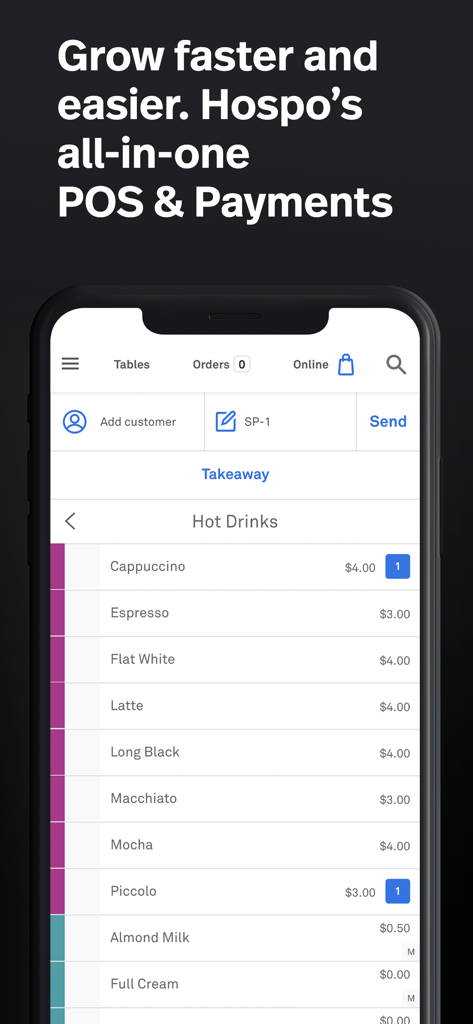 Lightspeed Restaurant POS mobile Benutzeroberfläche mit einer Kaffeekarte und einem Bestellsystem für Gastronomiebetriebe.