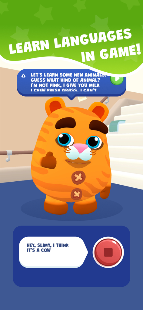 Uma captura de tela do aplicativo Talk to me Slimy mostrando um personagem de tigre apresentando um enigma de animais para aprendizado de idiomas