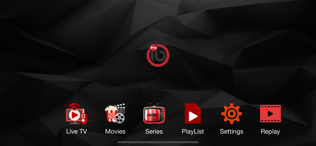 Ibo Player Pro - Ibo Player Pro main menu featuring icons for Live TV, Movies, Series, PlayList, Settings, and Replay against a dark polygonal background.