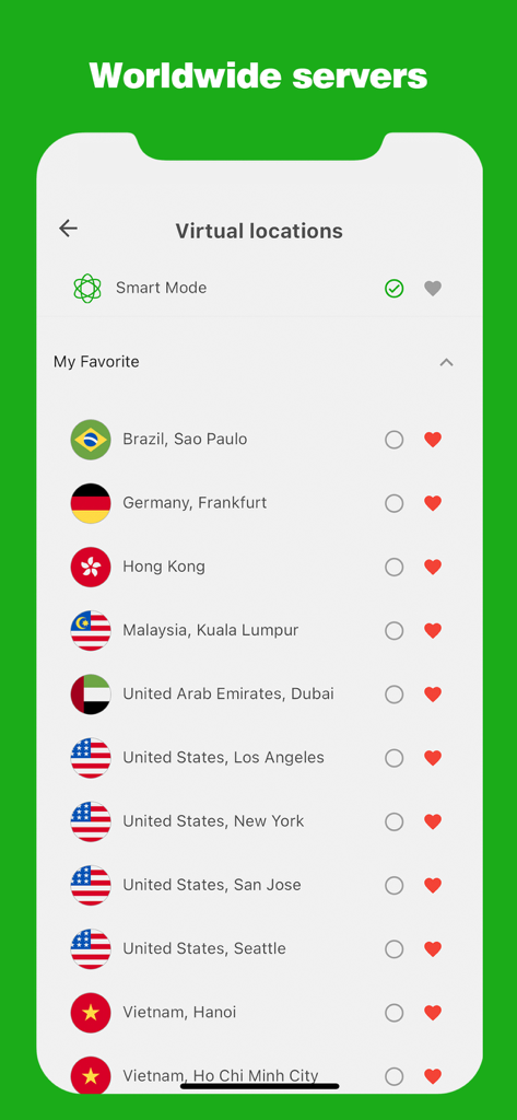 xBack-The next generation VPN - xBack VPN app interface displaying a list of global virtual server locations with smart mode option.