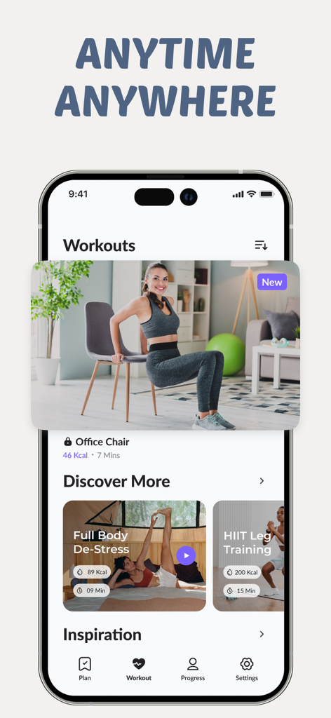 Lazy Workout for Weight Loss - LazyFit app interface showing a woman performing a chair workout with the text Anytime Anywhere